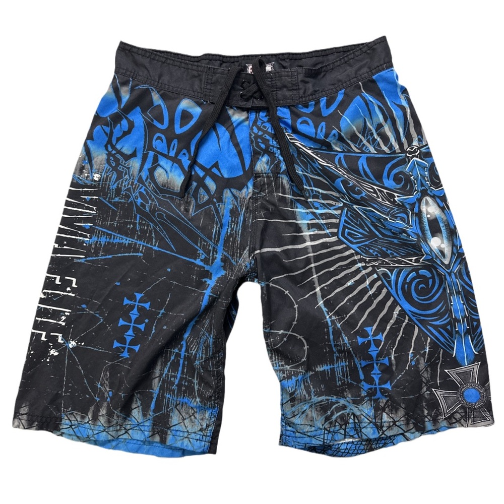 Y2K MMA ELITE men's black + blue metal core graphic board shorts, M.
